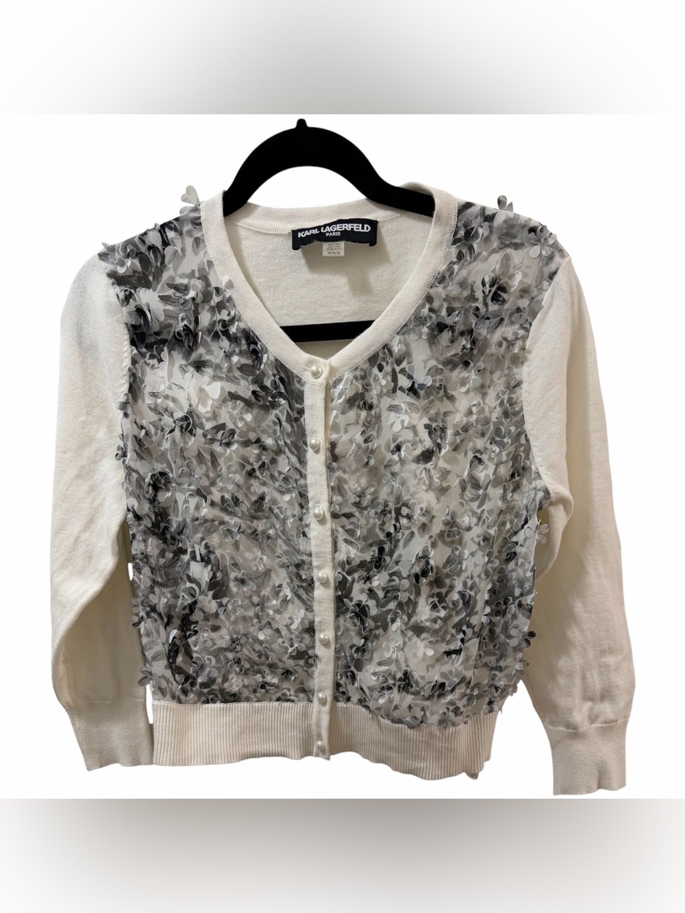 Karl Lagerfeld Paris 3D Floral Applique Cropped Cardigan M Ivory NWOT